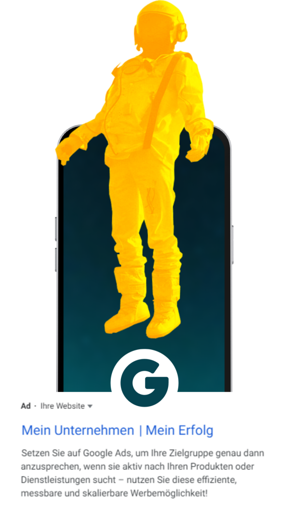 Astronaut hebt ab, im Hintergrund ist ein handy und unten dein Unternehmen was bei den Suchergebnissen ganz oben angezeigt wird durch google das