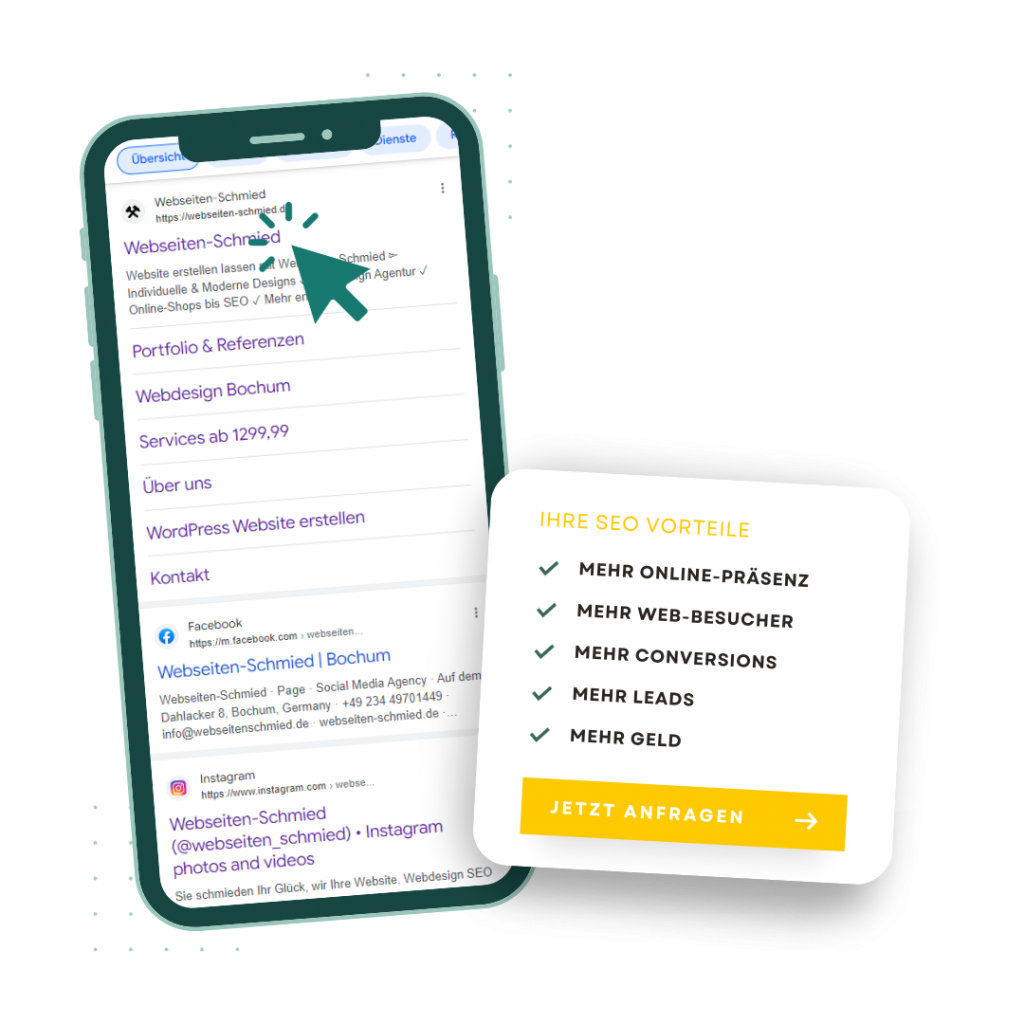 Smartphone mockup von Webseitenschmied ganz oben In der Suchleiste mit den Vorteilen von SEO aufgelistet rechts daneben