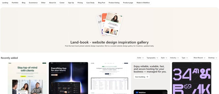 Screenshot von Land-Book zum Thema Design Inspirationen