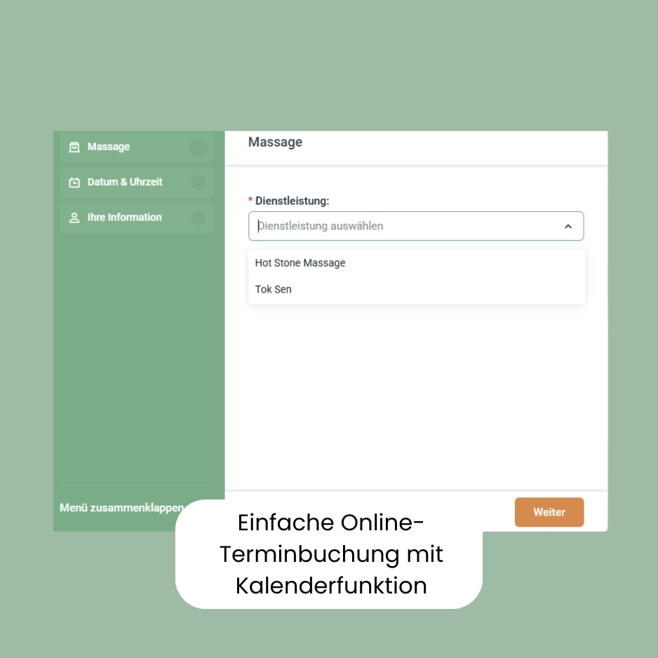 Beispiel zur Online-Terminbuchung für Massagesalons mit Kalendarfunktion.