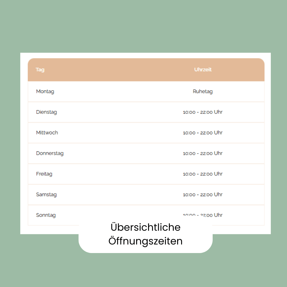 Beispiel von übersichtlichen tabellarischen Öffnungszeiten.