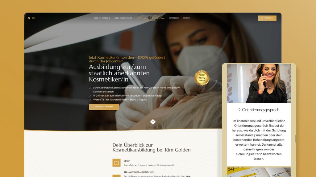 Mockup von der 'Webseite der Kim Golden' Akademie.