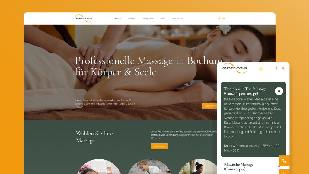 Mockup von der 'Massage Aesthetic Forever' Webseite.