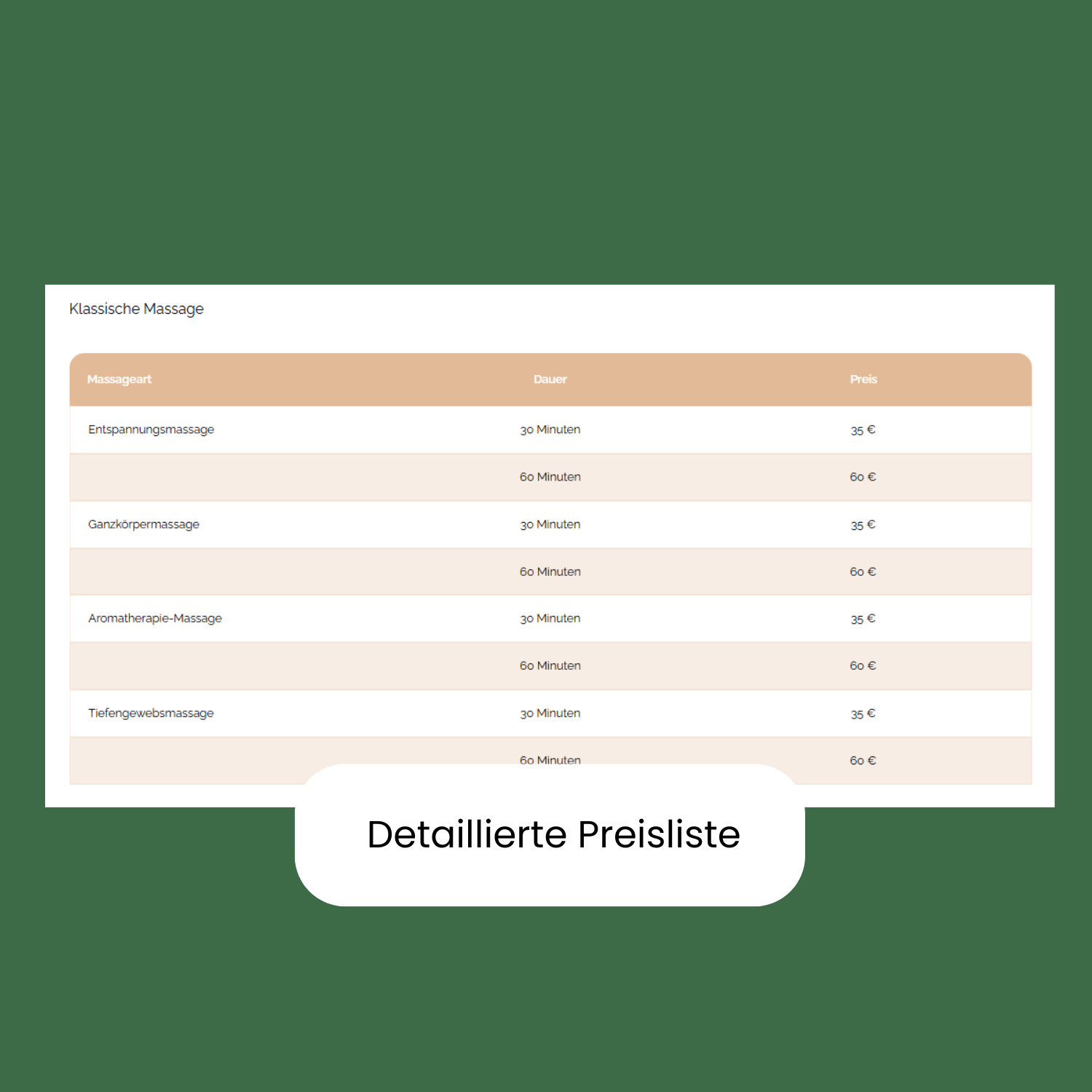 Darstellung einer detaillierten Preisliste